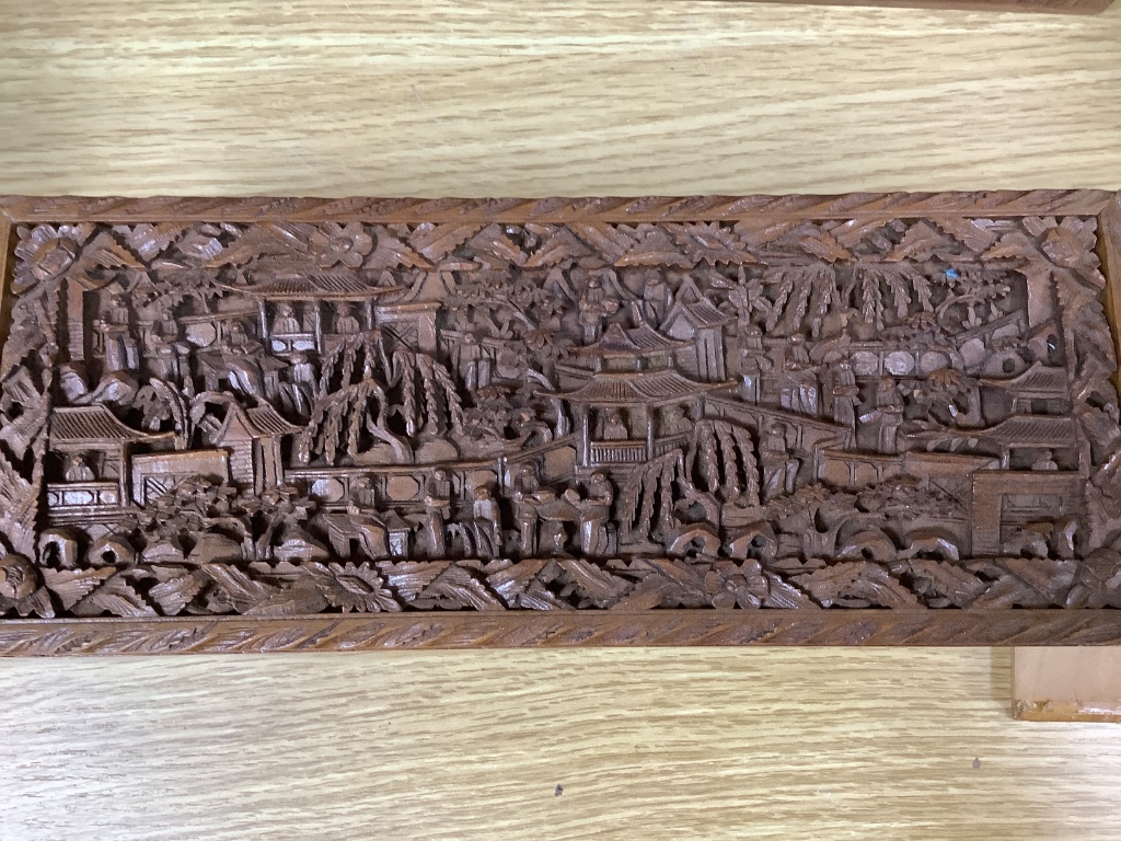 Three 19th century Chinese carved sandalwood boxes, 19th/20th century, longest 30cm